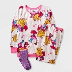 Trolls Poppy and Viva Print Soft Velour Pajama Set with Socks - Pink, L (10/12)